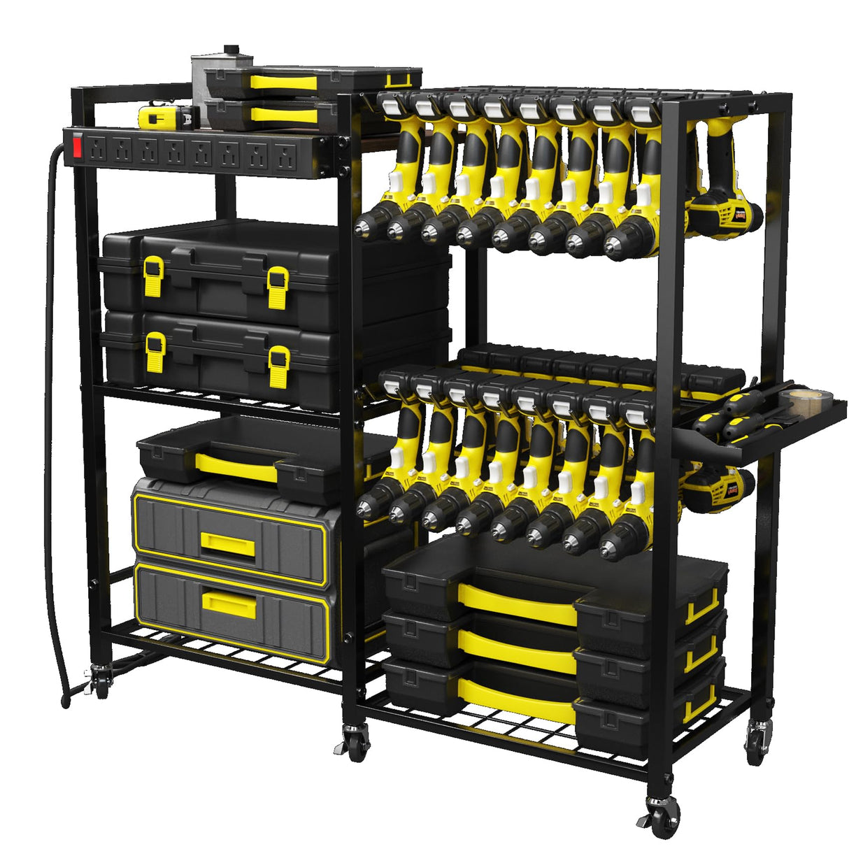 TC-HOMENY Power Tool Organizer Garage Storage with Charging Power Strip, 28 Drill Rack Tool Holder Racks Rolling Tool Cart on Wheels, Tool Shelf TC-HOMENY