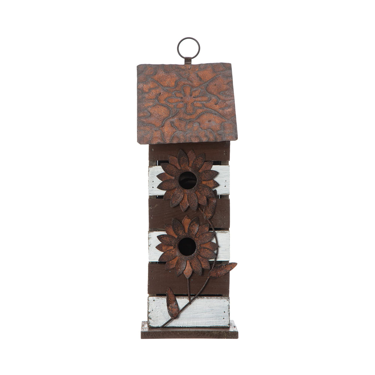 glitzhome GH90090 Hanging Two-Tiered Wooden Birdhouse with Flowers, Brown White glitzhome