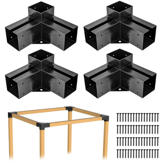 FMhotu DIY Pergola Brackets kit ,4 Pack 3-Way Right Angle Corner Bracket for 4x4(Inner Size 3.6"*3.6") Lumber, Black Powder-Coated Steel