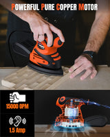 DWT Detail Sander, 1.5A 15000 OPM Electric Sander with 24pcs Sandpapers, Efficient Dust Collection System & Detail Finger Attachment, Soft Grip DWT