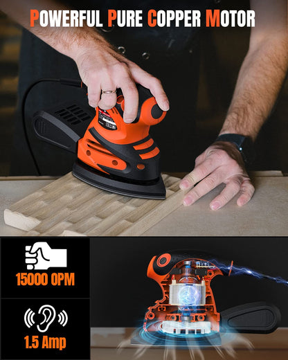 DWT Detail Sander, 1.5A 15000 OPM Electric Sander with 24pcs Sandpapers, Efficient Dust Collection System & Detail Finger Attachment, Soft Grip - WoodArtSupply