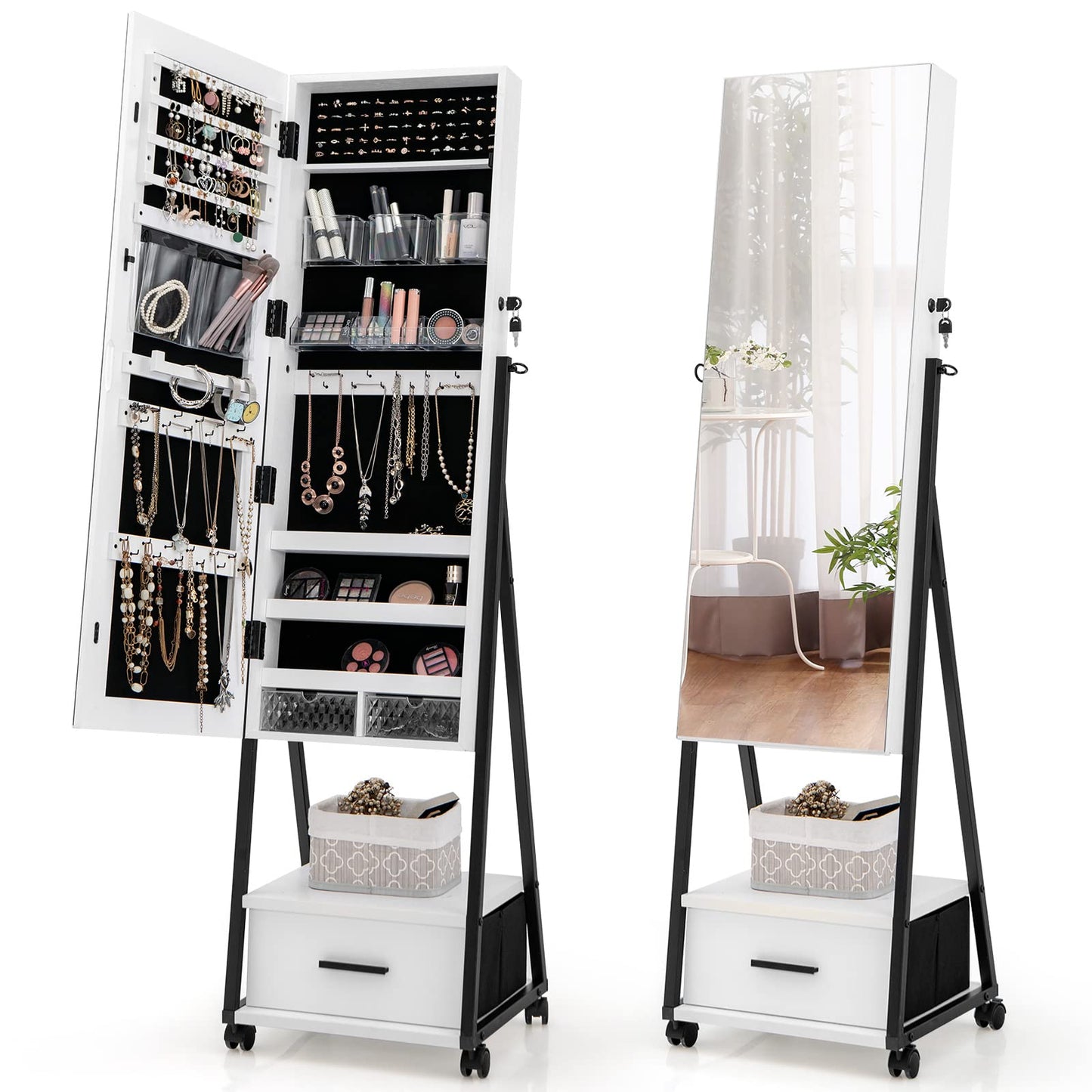 CHARMAID Rolling Jewelry Cabinet with Full Length Mirror, Lockable Standing Jewelry Armoire with Wheels, Steel Legs, Lipstick Brush Storage, Jewelry