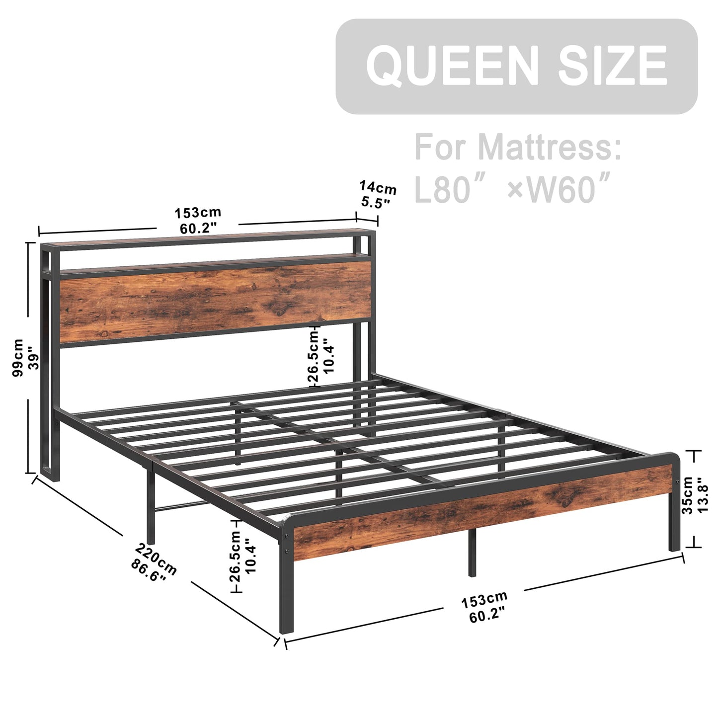 LIKIMIO Queen Bed Frame, Platform Bed Frame with 2-Tier Storage Headboard and Strong Support Legs, More Sturdy, Noise-Free, No Box Spring Needed,