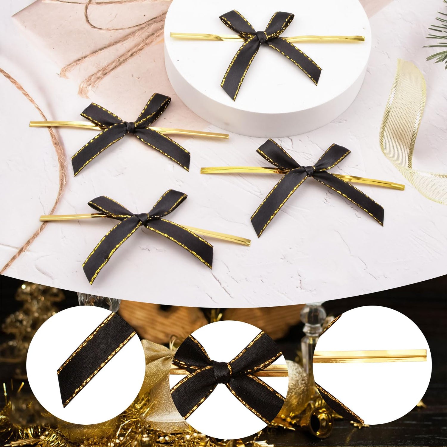 WANDIC Black Small Bows, 200Pcs Satin Twist Tie Bows with Golden Lace Christmas Halloween Mini Bow Pretied Bows for Gift Package Craft Candy Cookie WANDIC