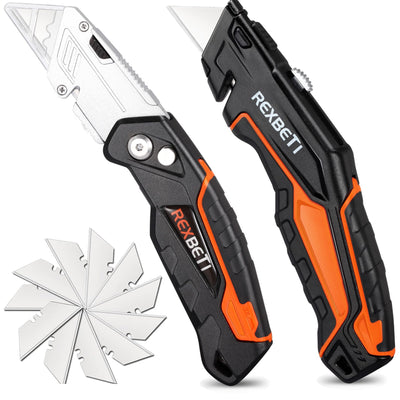 REXBETI 2-Pack Utility Knife, SK5 Heavy Duty Retractable Box Cutter for Cartons, Cardboard and Boxes, Blade Storage Design, Extra 10 Blades Included