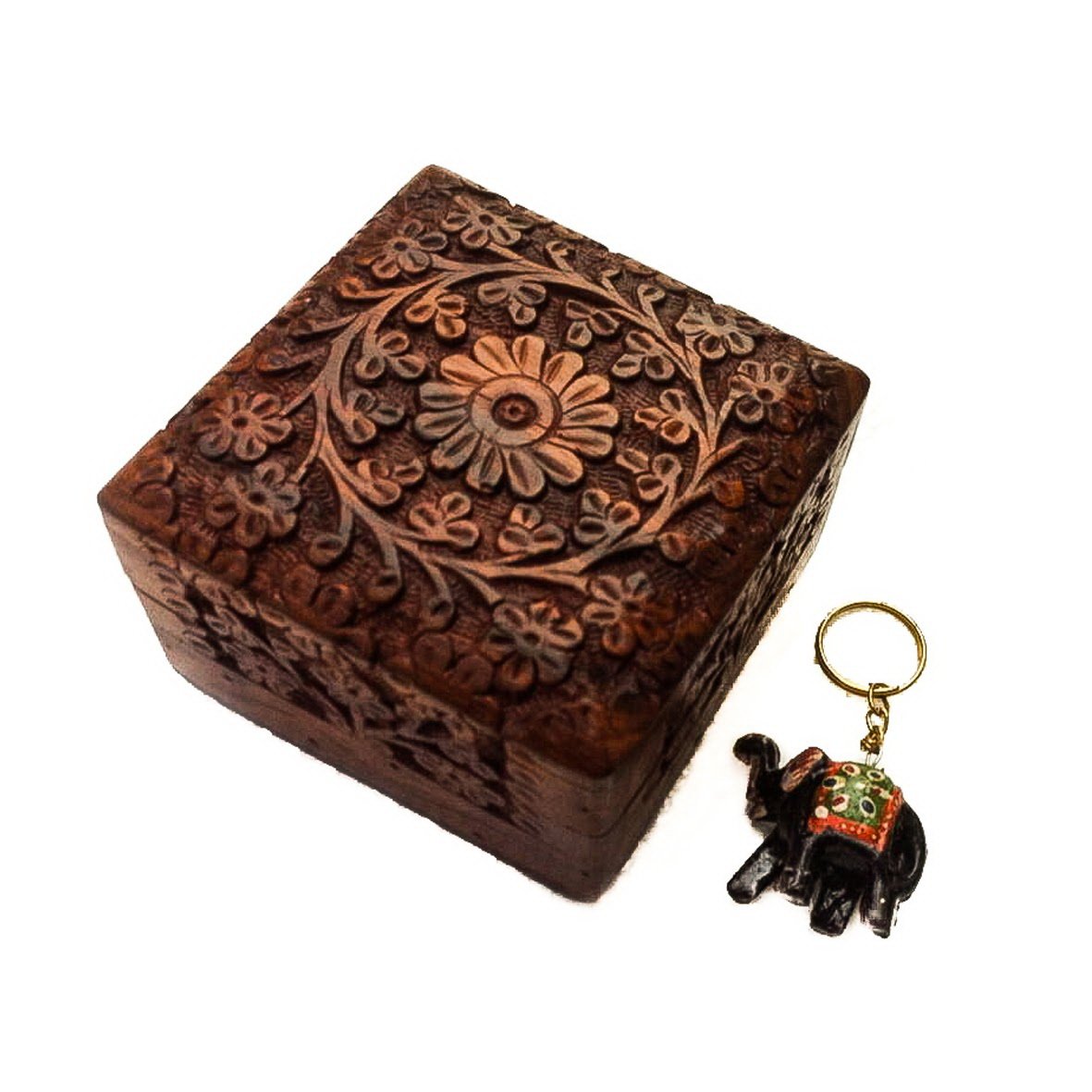 Artncraft Jewelry Box Novelty Item, Unique Artisan Traditional Hand Carved Rosewood Jewelry Box From India Inside