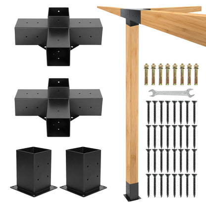 Aikosin Gazebo Brackets Kit,Pergola Brackets 2 Set 4x4(Actual: 3.5x3.5) 4-Way Right Angle Corner Bracket with Pergola Post Base,Patio Pergolas, Log