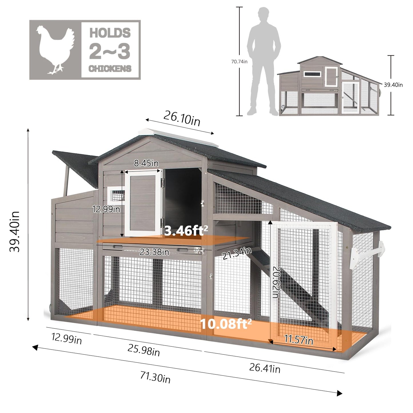 PetsCosset Chicken Coop Wooden Backyard Hen House - Indoor Outdoor for 2-3 Chickens, 2 Story Poultry Cage with Run, Chicken Nesting Box, Pull Out - WoodArtSupply