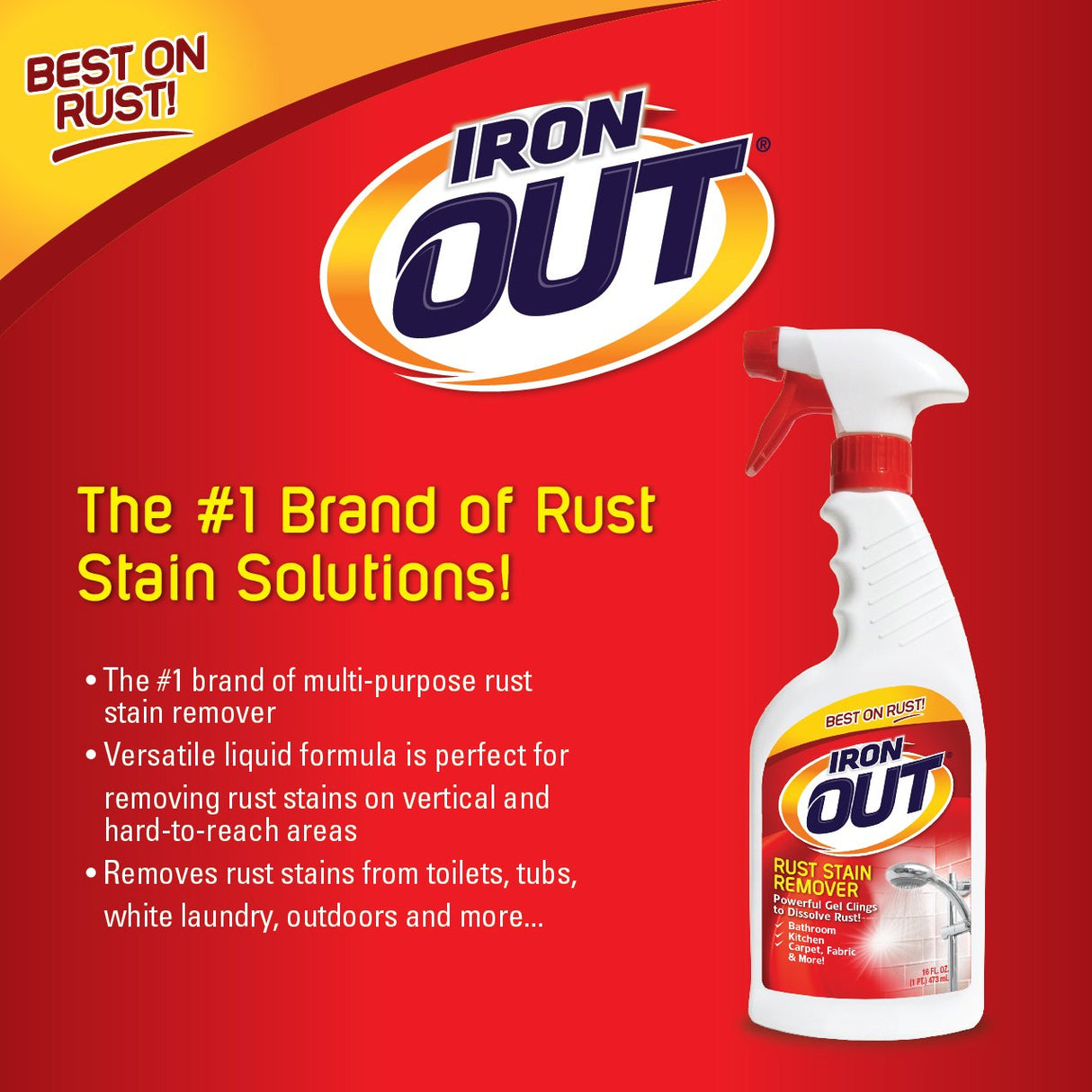 Iron OUT Spray Gel Rust Stain Remover, Remove and Prevent Rust Stains in Bathrooms, Kitchens, Appliances, Laundry, Outdoors, 16 Ounce OUT