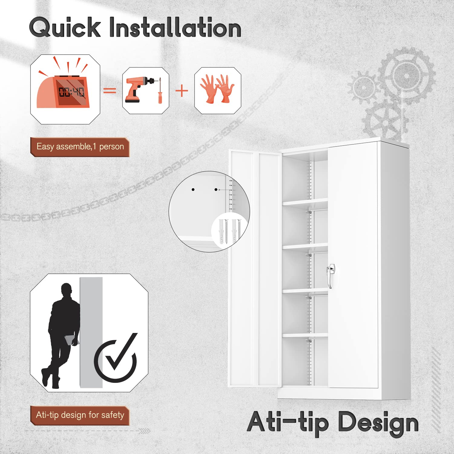 Superday Locking Metal Cabinet 72"×36"×18", Tall Storage Cabinet with 2 Doors and 4 Shelves, Large Metal Steel Utility Cabinet for Office File Superday