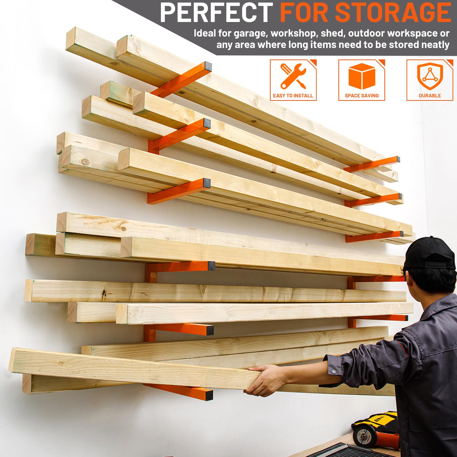 YYR Wood Organizer and Lumber Storage Rack Wall Mount, Heavy Duty Metal Shelf with 6-Level Holds Up 1200 LBS, Indoor & Outdoor Use - Orange - WoodArtSupply