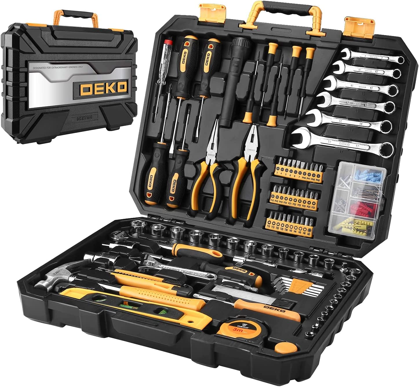 DEKOPRO 208 Piece Tool Set,General Household Hand Tool Kit, Auto Repair Tool Box with Plastic Toolbox Storage Case - WoodArtSupply