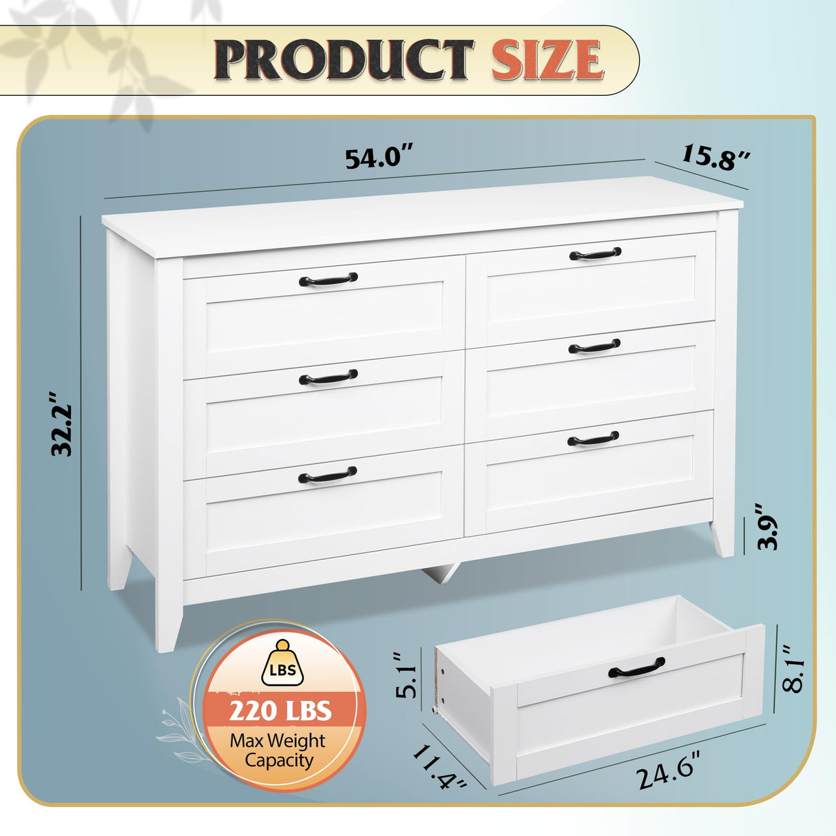 WLIVE 6 Drawer Dresser, Retro Chest of Drawers with Metal Handle, Double Wood Dresser for Bedroom, Living Room, Large Storage Cabinet, White WLIVE