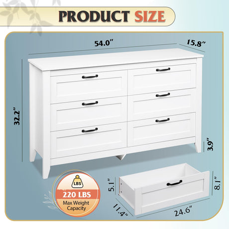 WLIVE 6 Drawer Dresser, Retro Chest of Drawers with Metal Handle, Double Wood Dresser for Bedroom, Living Room, Large Storage Cabinet, White WLIVE