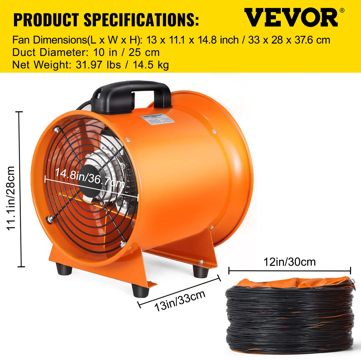 OrangeA Utility Blower Fan, 10 Inches, 320W 1518 CFM High Velocity Ventilator w/ 32.8 ft/10 m Duct Hose, Portable Ventilation Fan, Fume Extractor for OrangeA