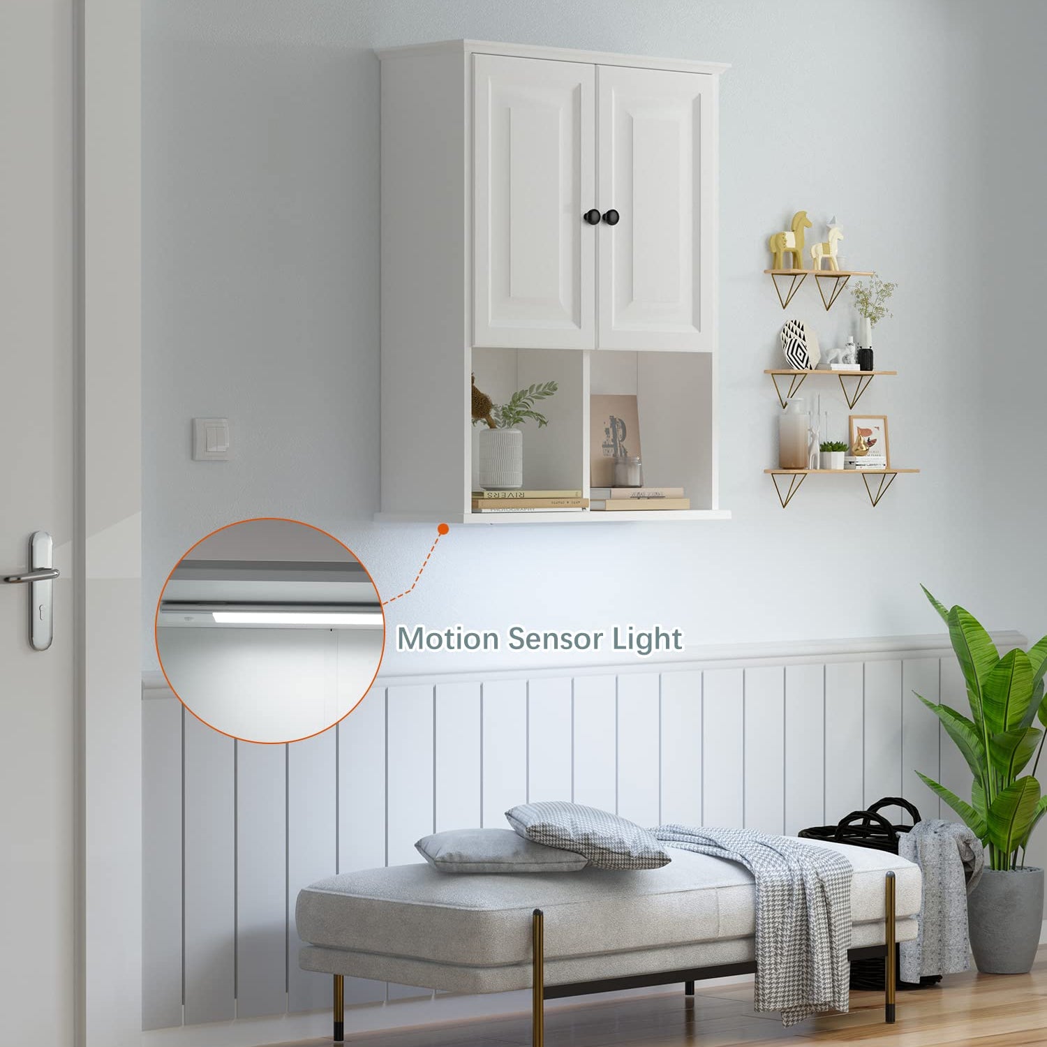 HAIOOU Bathroom Wall Cabinet with Motion Sensor LED Light, Wooden Medicine Cabinet Wall Mounted Cupboard, Over Toilet Storage Cabinet with Buffering HAIOOU