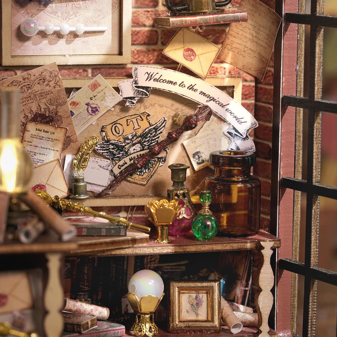 DIY Book Nook Kit Expanable Miniature Dollhouse Kit, Retro European Magic House Bookshelf Insert Model with LED Light, Bookend Building Set Hobbies Hallisun