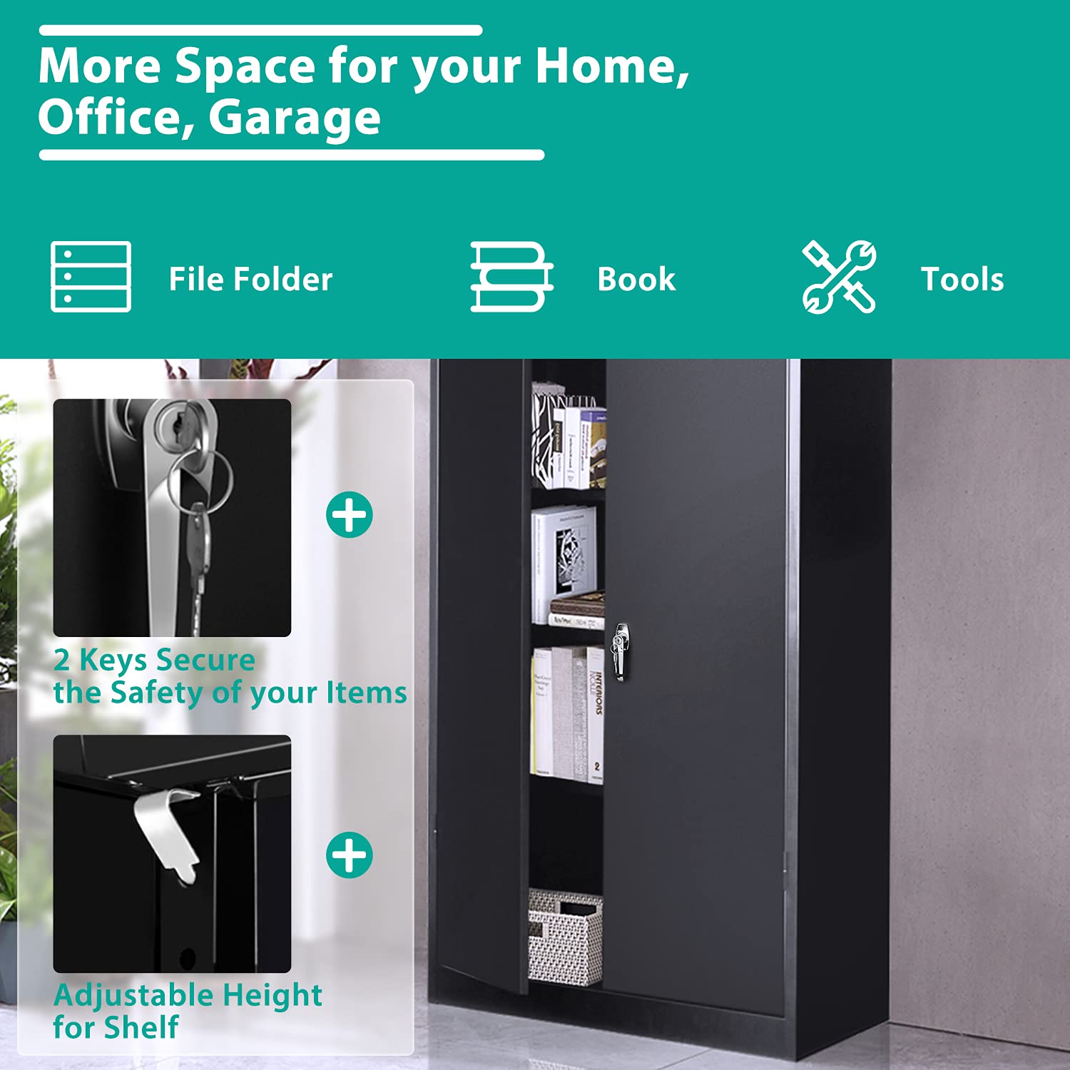 INTERGREAT Black Metal Storage Cabinet Doors, 72" Locking Steel Storage Cabinet with Shelves, Tall Metal Cabinet Lockable Steel Cabinets for Home INTERGREAT