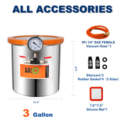 BACOENG 3 Gallon Tempered Glass Lid Stainless Steel Vacuum Chamber Perfect for Stabilizing Wood, Degassing Silicones, Epoxies and Essential Oils - WoodArtSupply