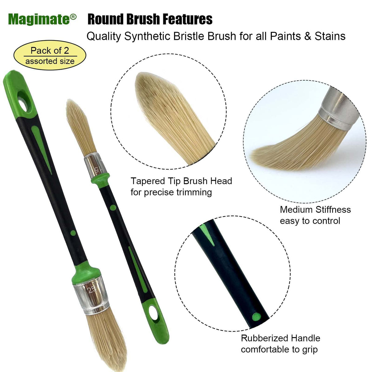 Magimate Small Paint Brushes for Touch Ups, Trim Stain Brushes for Sash, Baseboards, House Wall Corners and Art Application, Multi-Pack of 2 Sizes: Magimate