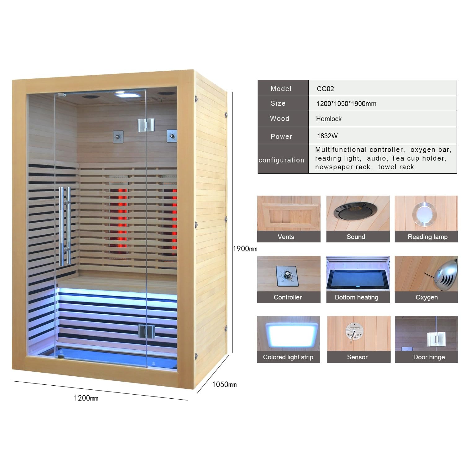 Infrared Sauna Room Wooden Canadian Hemlock Low EMF 2-3 Person 2080W Full Spectrum Sauna Room, Personal Home Spa Carbon Heater Sauna, WoodArtSupply