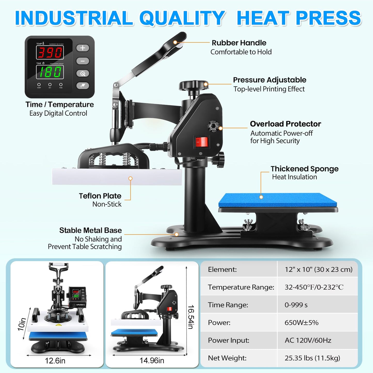 Whubefy Shirt Press Machine 12x10, Swing Away Heat Press Machine for T Shirts Printing Machine, High-Security HTV Vinyl Heat Press for Sublimation t