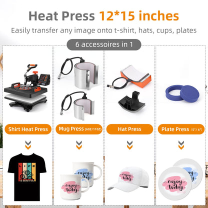 Heat Press Machine, 12 X 15 inch, PIONEERWORKS 6 in 1 Heat Press, 800W Sublimation Machine, 360° Rotation Swing-Away Heat Press, Dual-Tube Heating - WoodArtSupply