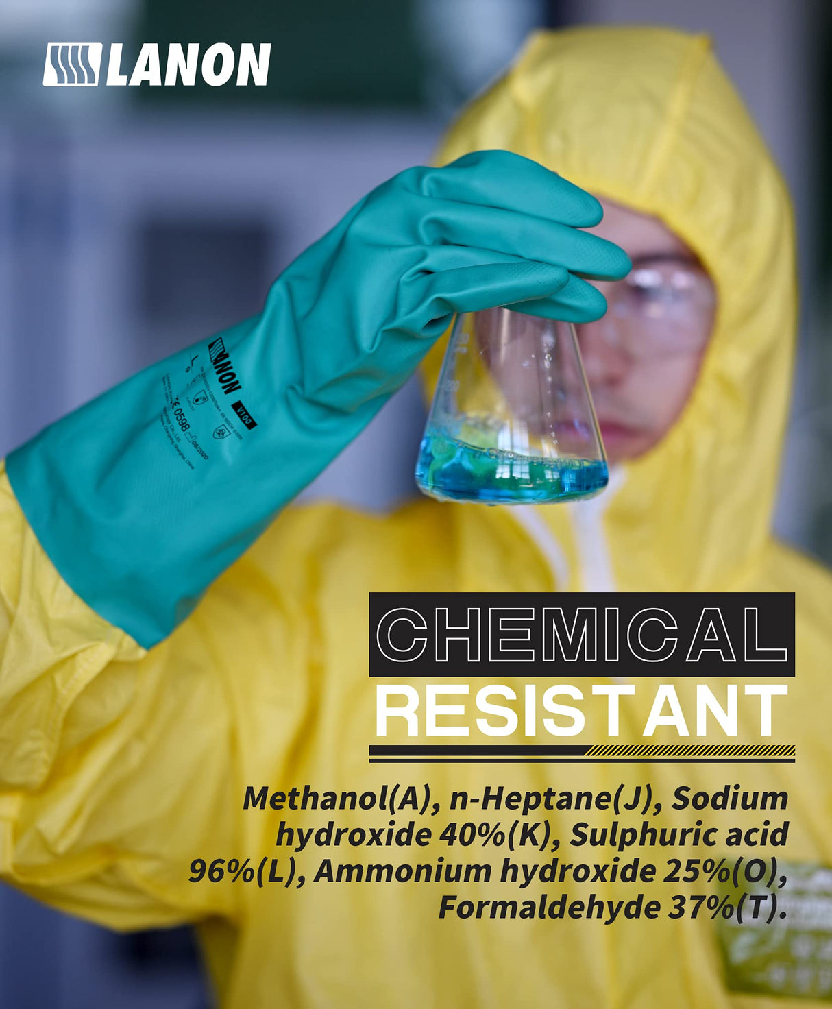 LANON 3 Pairs Nitrile Chemical Resistant Gloves, Reusable Heavy-Duty Rubber Gloves, Acid, Alkali & Oil Protection, Non-Slip, Large LANON Protection