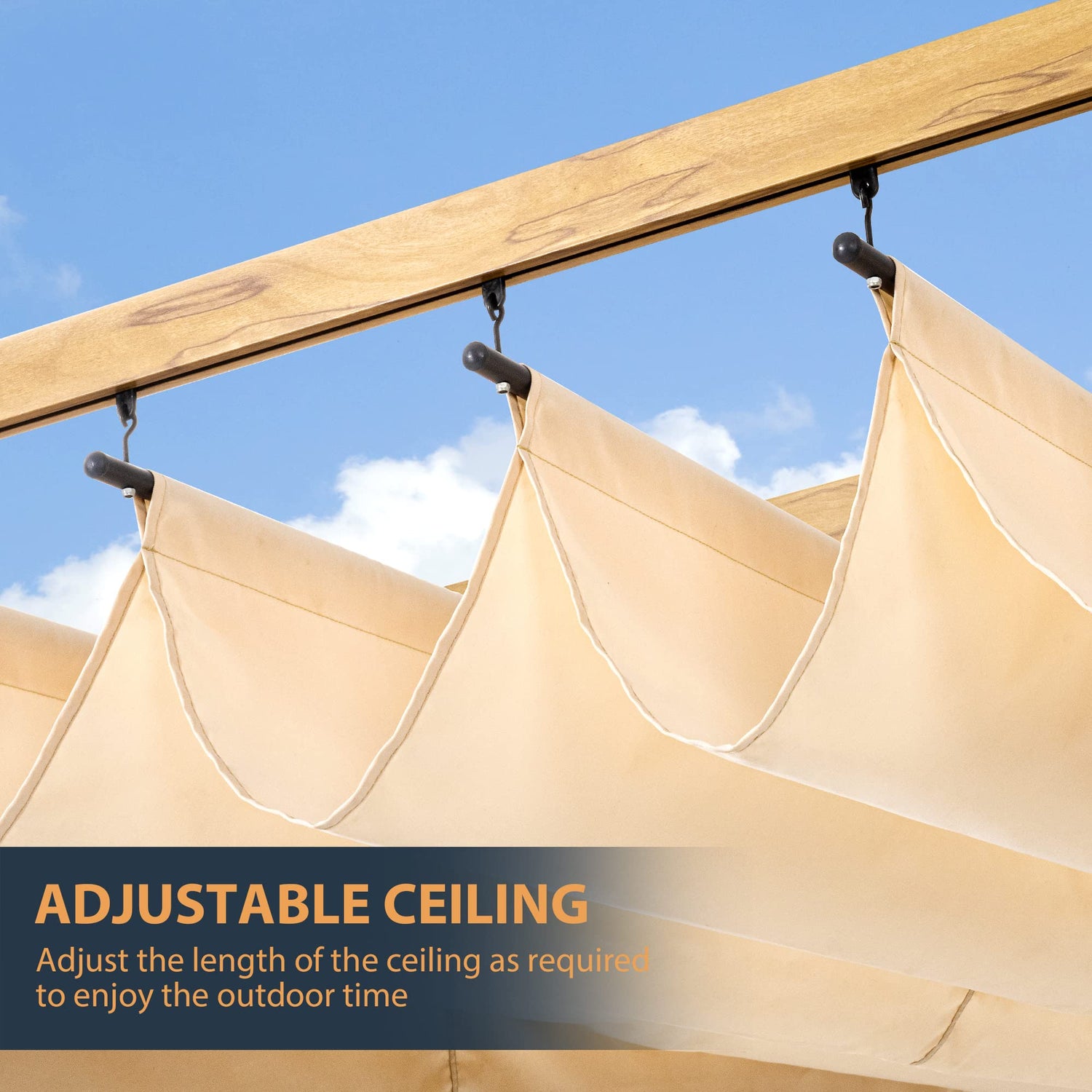 HAPPATIO 10' X 10' Wood-Grain Aluminum Pergola - Adjustable Sun Shade Canopy with Retractable Roof for Backyard, Deck, Patio, by The Pool （Beige） HAPPATIO