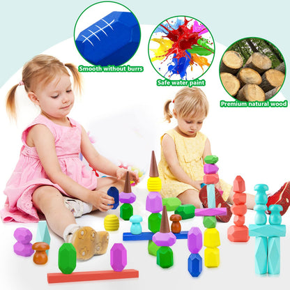 Toys for 3 Year Old Boys Girls, 36 PCS Colorful Wooden Sorting Stacking Rocks for Toddlers 3-4 Montessori Sensory Building Blocks for Kids Ages 4-8,