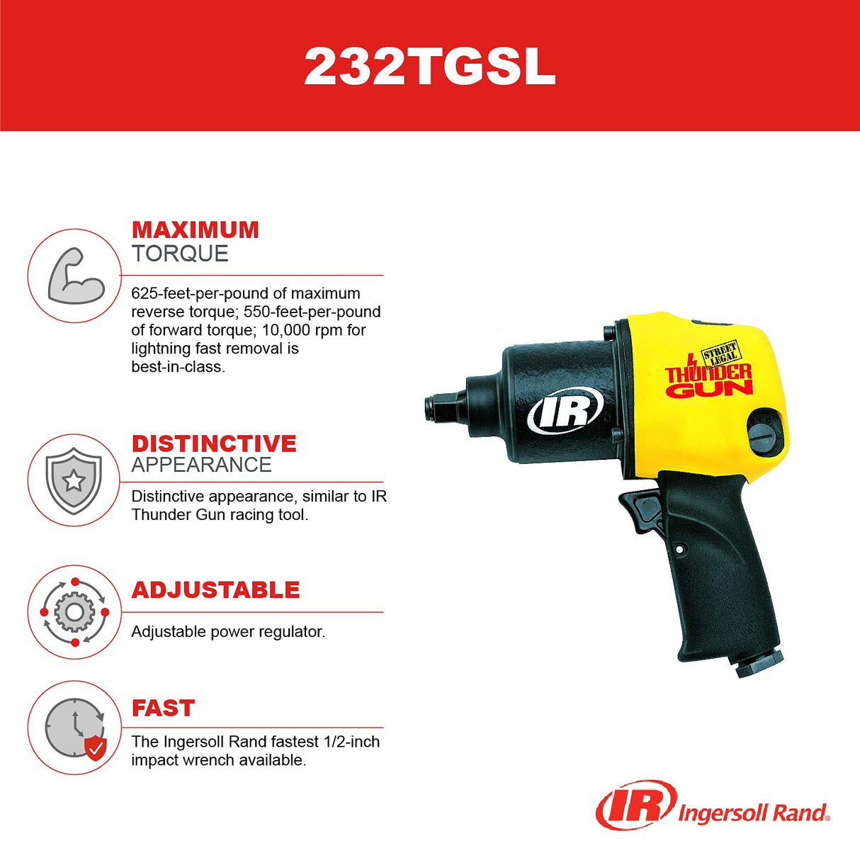 Ingersoll Rand 232TGSL 1/2" Thunder Gun, Fastest Air Impact Wrench, 625 ft lbs Max Reverse Torque, 550 ft lbs Forward Torque, 10,000 RPM, Adjustable Ingersoll Rand