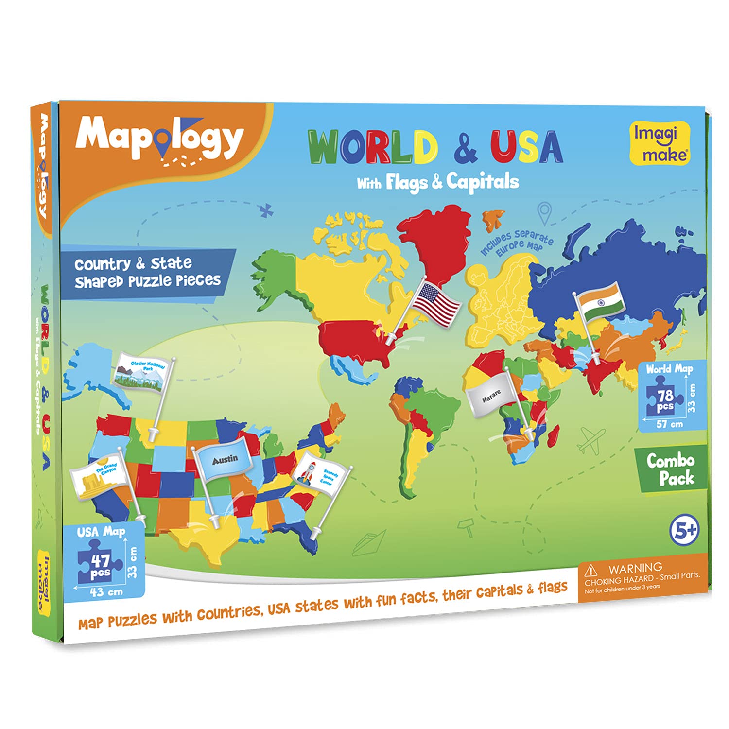 Imagimake Mapology United States & World Map Puzzle with Flags, Countries & Capitals | US Educational Toy for Kids 4-8 | Learn Geography Puzzle for Imagimake