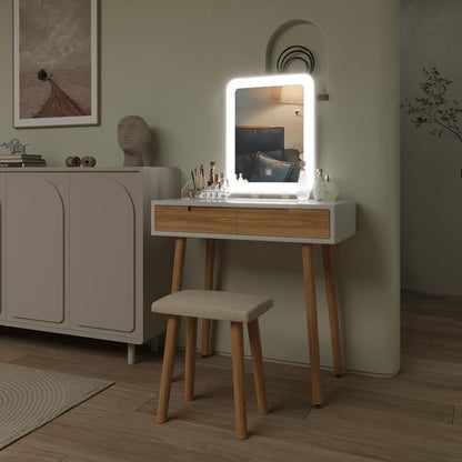 YOURLITE Makeup Vanity Desk with Lights,Small Vanity with Adjustable Brightness Mirror for Samll Spaces,Vanity Desk with Drawers (31.5", Square - WoodArtSupply