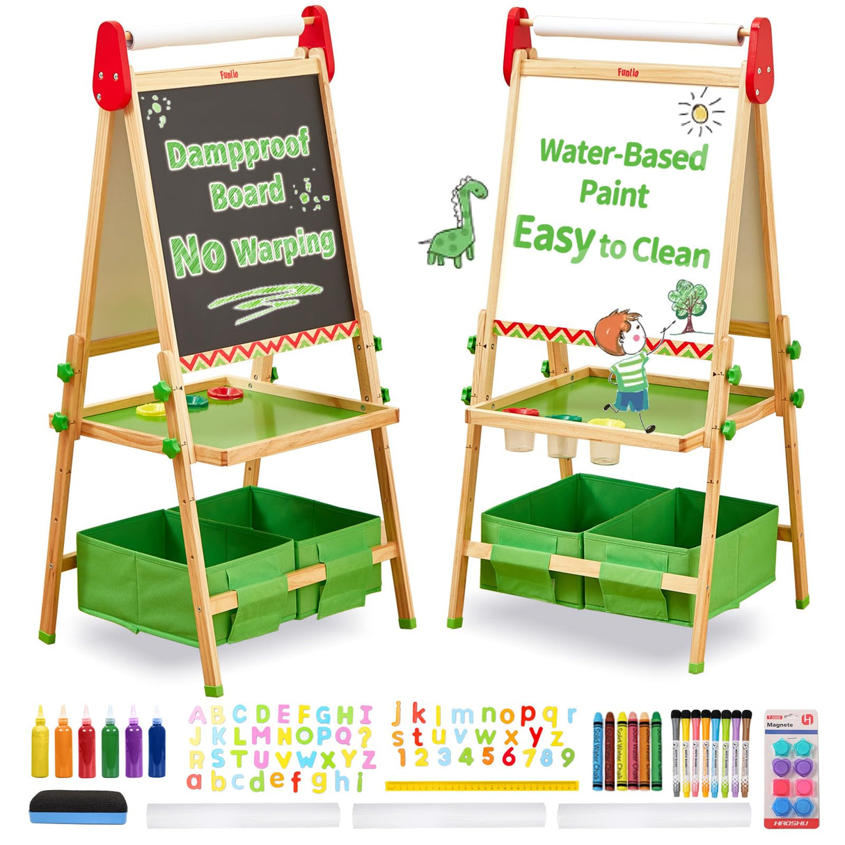 FUNLIO Kids Art Easel, 3 Height Adjustable for Kids Aged 2-8, Toddler Easel with Paper Roll, Anti-Warp & Magnetic Chalkboard/Whiteboard, All-in-One FUNLIO