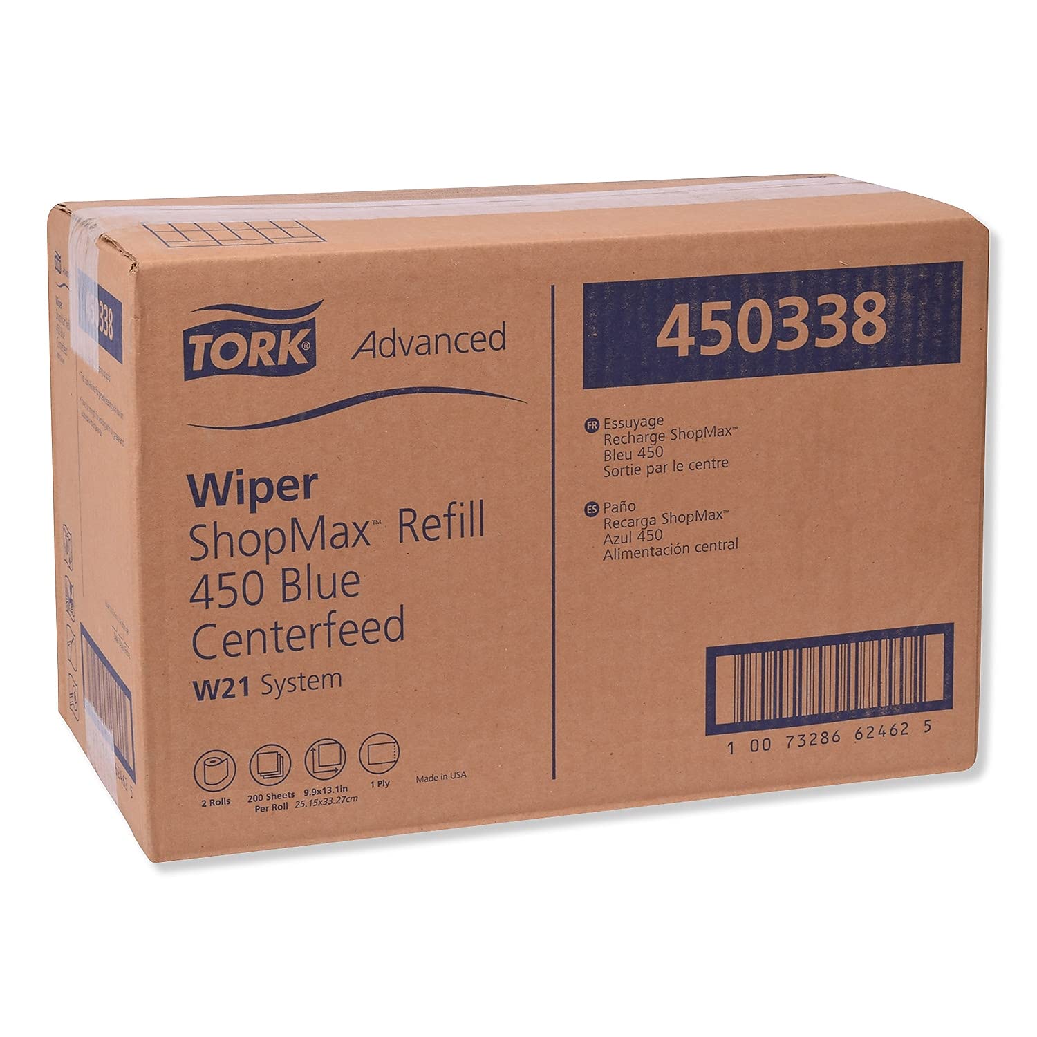 Tork ShopMax Heavy Duty Centerfeed Paper Towel Blue W22, High Absorbency, 450 Sheets, 450338 Tork