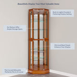 BELLEZE Lighted Curio Cabinet Corner Display Case for Living Room, China Hutch with Tempered Glass Doors and Shelves, Wooden Accent Cabinet, Bar and BELLEZE