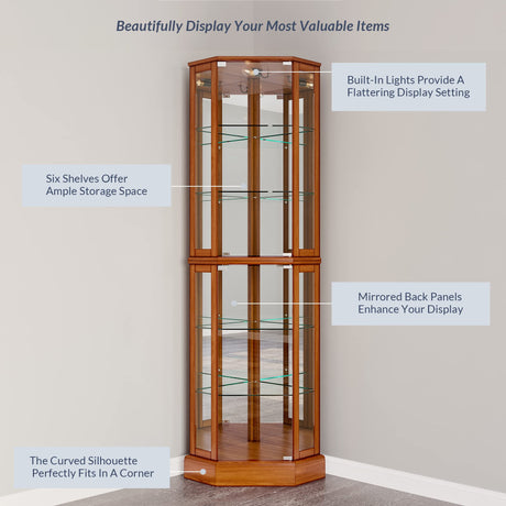 BELLEZE Lighted Curio Cabinet Corner Display Case for Living Room, China Hutch with Tempered Glass Doors and Shelves, Wooden Accent Cabinet, Bar and BELLEZE
