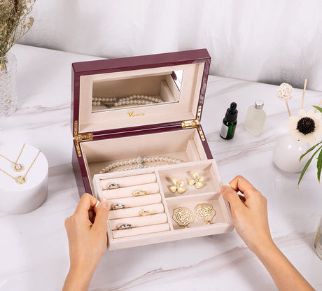 Voova Wooden Jewelry Box Organizer for Women Teen Girls, Luxury Piano Paint Wood Jewelry Case with Mirror, Large Jewellery Storage Boxes Display Voova