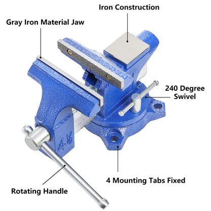 Fasmov Bench Vise, 4-1/2" Vice With 240° Swivel Base Clamp Home Vises Rotation Base, Swivel Base Bench for Workbench, Clamp-on Home Merchanic Vice - WoodArtSupply