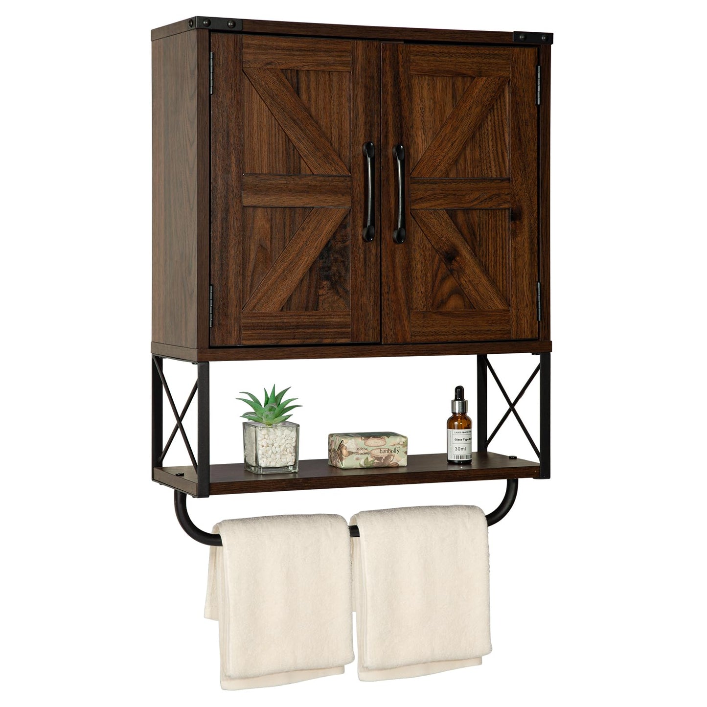 RUSTOWN Farmhouse Medicine Cabinet with 2 Barn Door,Wood Wall Mounted Storage Cabinet with Adjustable Shelf and Towel Bar, 3-Tier Bathroom Cabinet