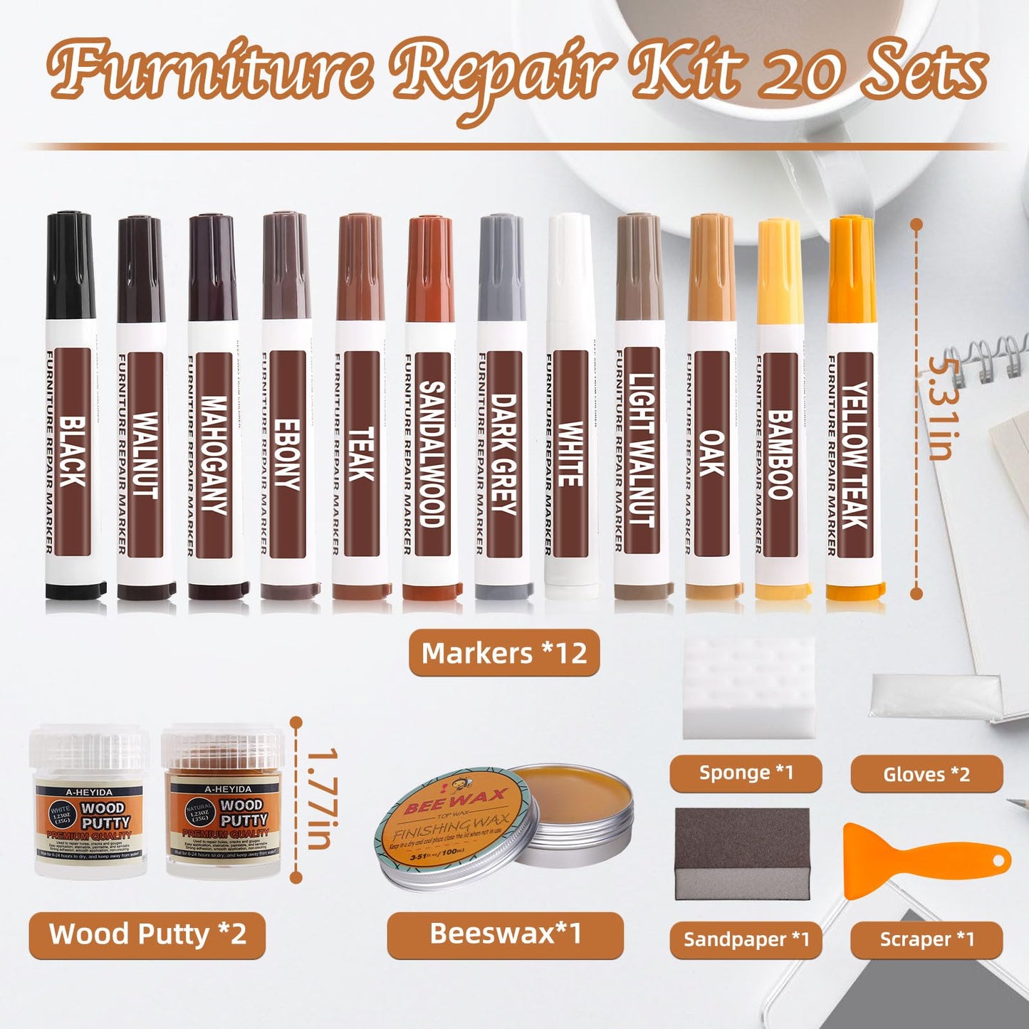 Furniture Touch Up Markers - 12 Color Wood Repair Kit Wood Marker Pens with Wood Putty Filler and Beeswax, Hardwood Floor Furniture Scratch Repair