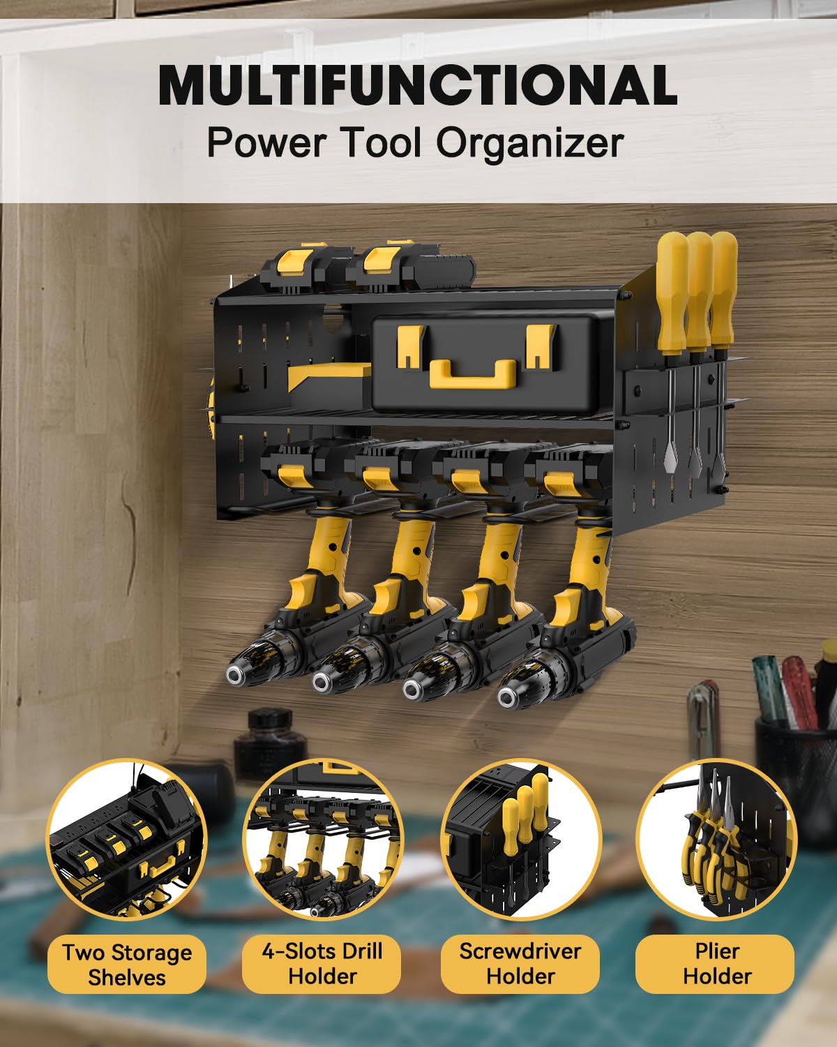 WellMall Power Tool Charging Station - 3 Layer Wall Mount Power Tool Organizer with Charging Station for Power Drill, 6AC Outlets, Great as Heavy WellMall