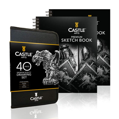 Castle Art Supplies Complete Drawing Essentials Bundle | 40 Piece Drawing Supplies with Graphite, Charcoal & Pastels + 2 Sketchbooks, 90gsm / 9” x
