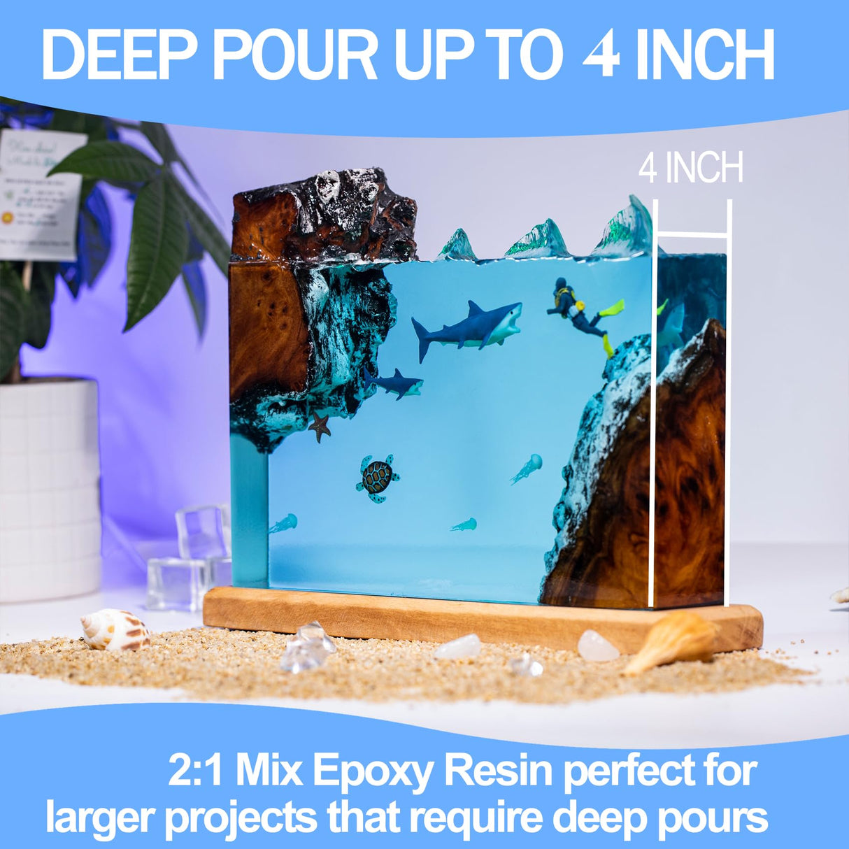 Deep Pour Epoxy Resin 1.5 Gallon 2-4" Inch Pour Depth Low Viscosity Crystal Clear & High Gloss, Bubble-Free Casting 2:1 Mix Ratio Resin Kit for Wood Kapaga