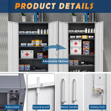 Yizosh Metal Storage Cabinet with Lock - 72" Garage Storage Cabinet with 2 Locking Doors and 4 Adjustable Shelves, Gray White Steel Lockable File Yizosh