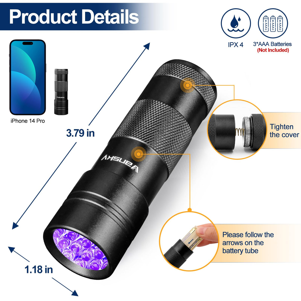 Black Light UV Light Flashlight: Vansky 395nm 12 LED 2 Pack Ultraviolet Blacklight Flashlight Mini Powerful Pet Urine Detector for Dog/Cat, Carpet Vansky
