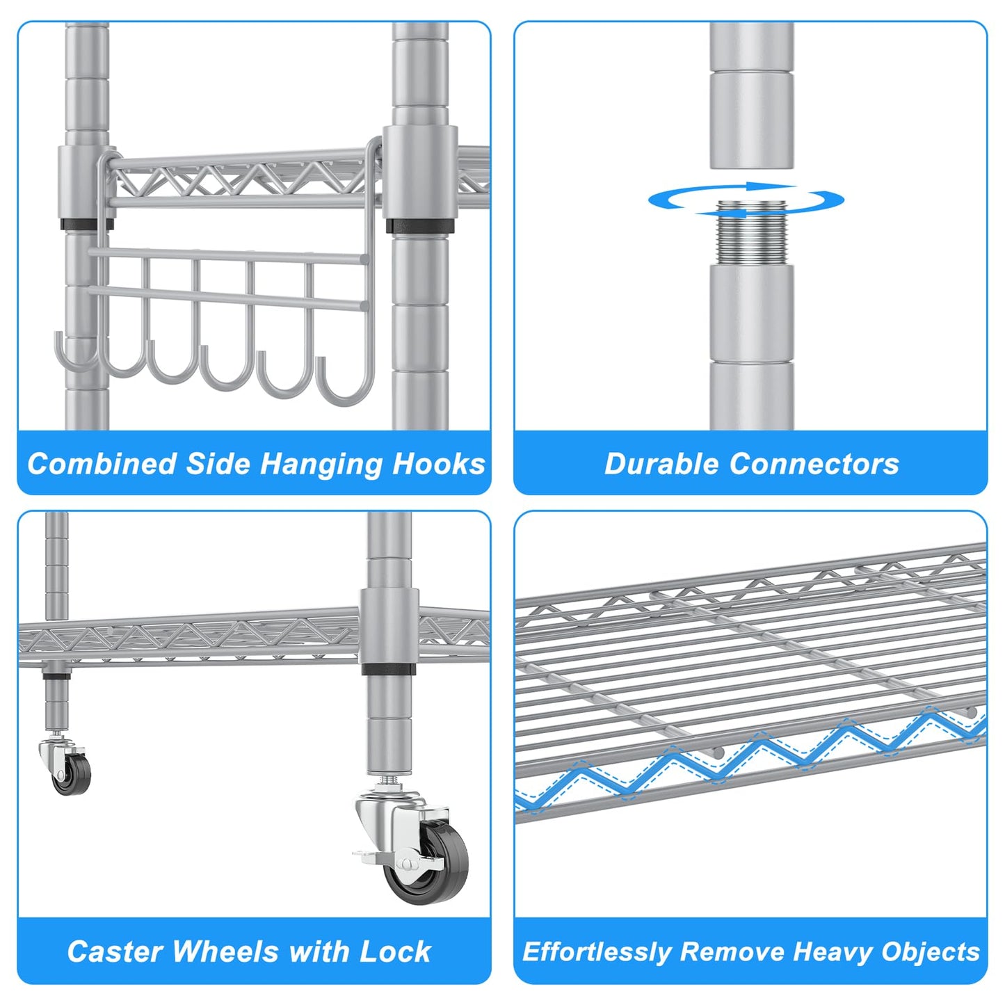 Homdox 5 Tier Adjustable Rolling Storage Shelves, Heavy Duty Wire Storage Racks and Shelving, Metal Shelves for Storage with Side Hooks for Pantry - WoodArtSupply