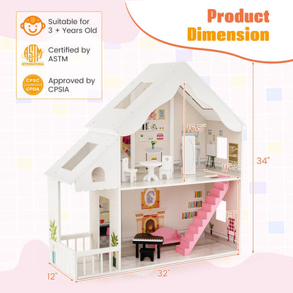 Costzon Kids Wooden Dollhouse, 2-in-1 Cottage Dollhouse Bookcase w/ 6 Rooms and Hidden Storage, 2 Tiers Pretend Toy Set w/ 8 PCS Furniture for