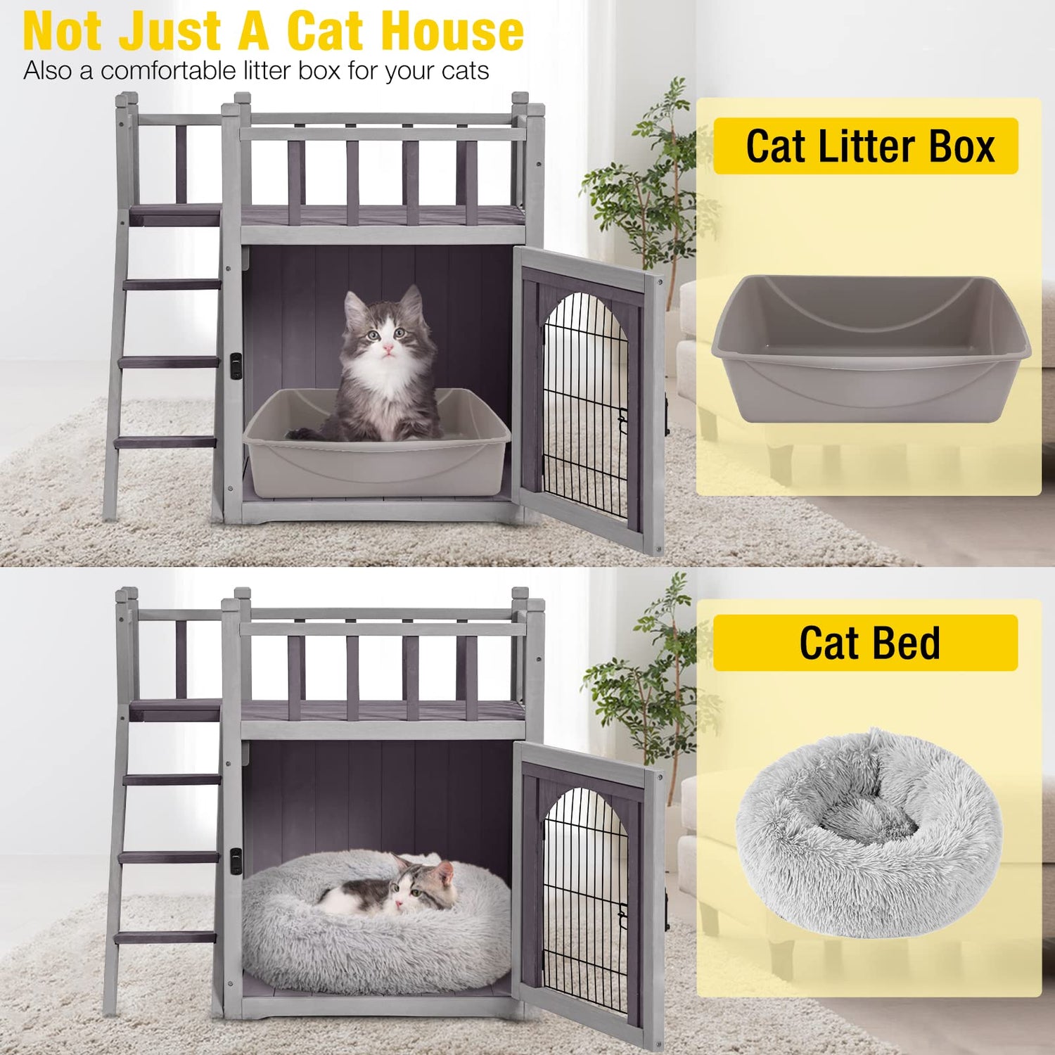 Aivituvin Cat House Outdoor with Lockable Wire Door, Wooden Dog Shelter Indoor Cat Condo Kitty Enclosure with Balcony, Stair Aivituvin