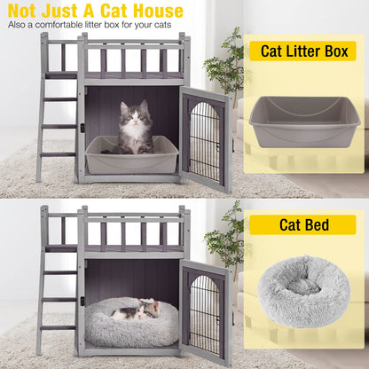 Aivituvin Cat House Outdoor with Lockable Wire Door, Wooden Dog Shelter Indoor Cat Condo Kitty Enclosure with Balcony, Stair - WoodArtSupply